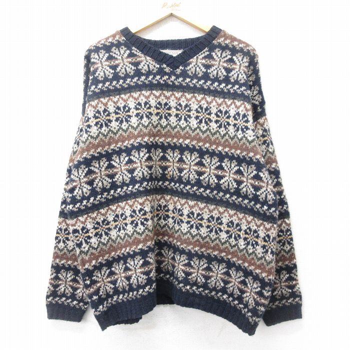 【商品番号】 swtr24101006 【商品名】 XL & starf;古着 長袖 セーター メンズ 90年代 90s フェアアイル ウール Vネック USA製 紺他 【メンズ参考サイズ】 