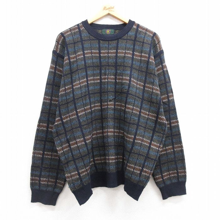 【商品番号】 swtr24101044 【商品名】 L & starf;古着 長袖 セーター メンズ 00年代 00s ラムウール クルーネック 紺他 チェック 【メンズ参考サイズ】 L 【表