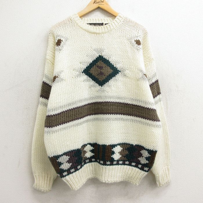 【商品番号】 swtr24103162 【商品名】 L & starf;古着 ビューグルボーイ 長袖 セーター メンズ 90年代 90s ネイティブ柄 ラグ柄 クルーネック 生成り【spe】 