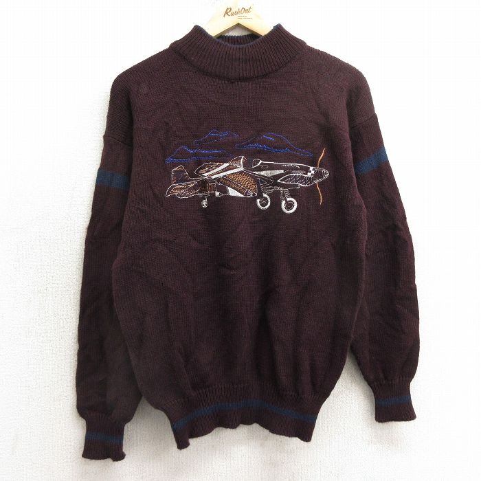 【商品番号】 swtr24103340 【商品名】 M & starf;古着 長袖 セーター メンズ 00年代 00s 飛行機 刺繍 アクリル モックネック ハイネック エンジ 【メンズ参考サ