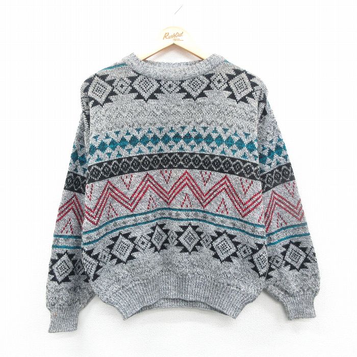 【商品番号】 swtr24110019 【商品名】 M & starf;古着 長袖 セーター メンズ 90年代 90s ネイティブ柄 ラグ柄 クルーネック イタリア製 グレー他 【メンズ参考サ