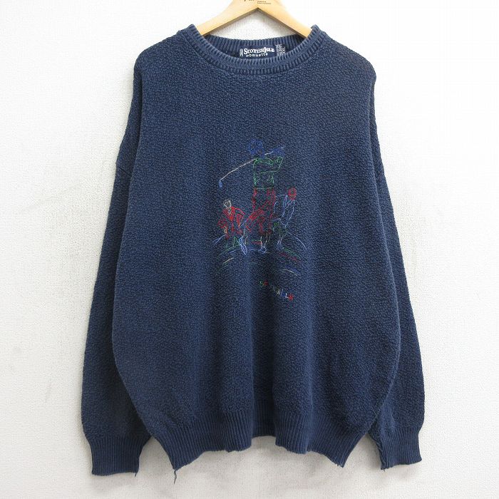 【商品番号】 swtr24110088 【商品名】 XL & starf;古着 長袖 セーター メンズ 90年代 90s ゴルフ 刺繍 手織り コットン クルーネック 紺【spe】 【メンズ参