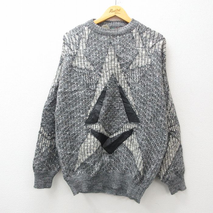 【商品番号】 swtr24111307 【商品名】 XL & starf;古着 長袖 セーター メンズ 90年代 90s レザー使用 クルーネック イタリア製 グレー 霜降り他【spe】 【メ