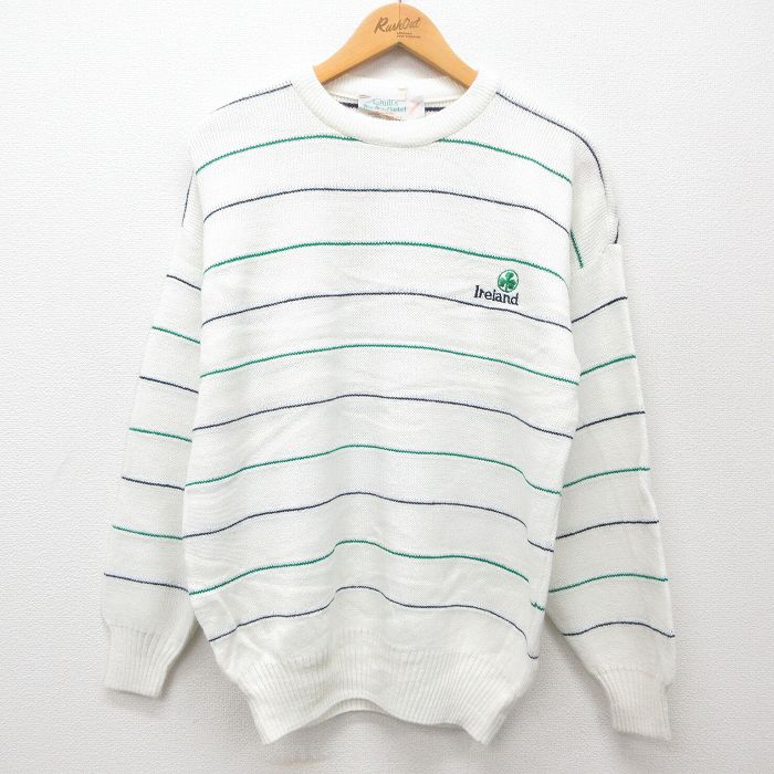 【商品番号】 swtr24111513 【商品名】 M & starf;古着 長袖 セーター メンズ 90年代 90s クローバー 手織り アクリル クルーネック アイルランド製 白他 ボーダ