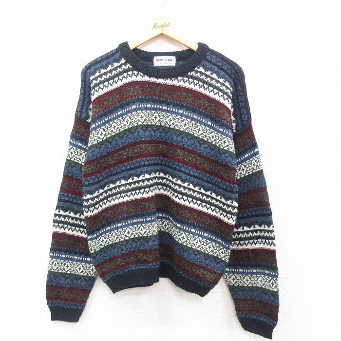 【商品番号】 swtr24111649 【商品名】 L & starf;古着 ニューエラ 長袖 セーター メンズ 90年代 90s フェアアイル クルーネック USA製 紺他 【メンズ参考サイ