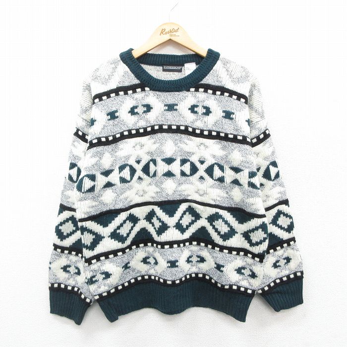 【商品番号】 swtr24113151 【商品名】 XL & starf;古着 長袖 セーター メンズ ネイティブ柄 ラグ柄 アクリル クルーネック 白他 【メンズ参考サイズ】 XL 【表記サ