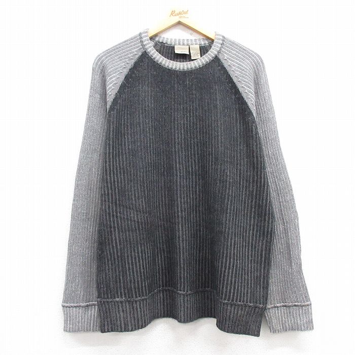 【商品番号】 swtr24120130 【商品名】 L & starf;古着 長袖 セーター メンズ 無地 ツートンカラー ラグラン アクリル クルーネック 黒他 ストライプ 【メンズ参考サイ