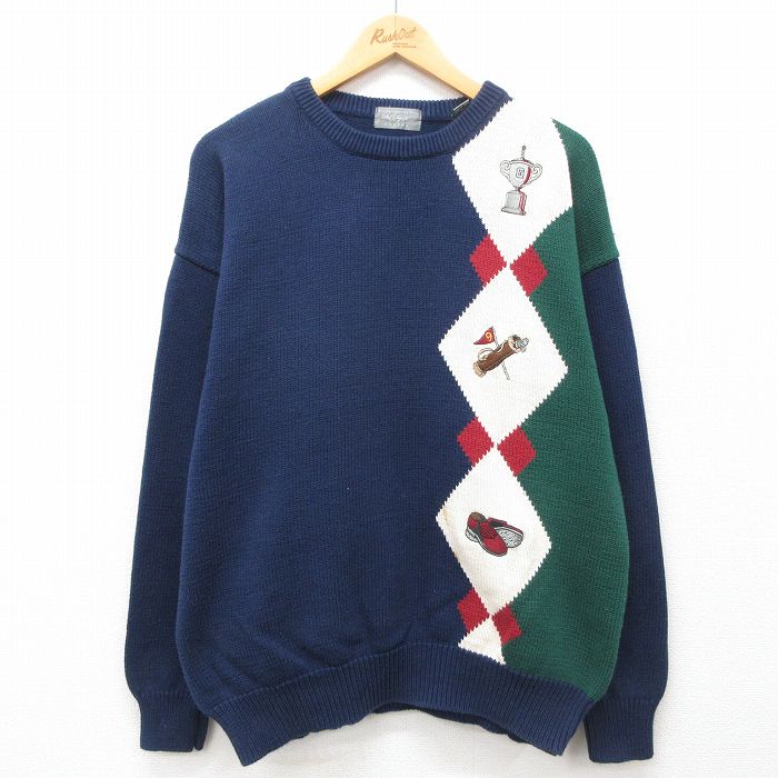 【商品番号】 swtr24121128 【商品名】 L & starf;古着 長袖 セーター メンズ 90年代 90s ゴルフ 刺繍 コットン クルーネック 紺他 【メンズ参考サイズ】 L 【