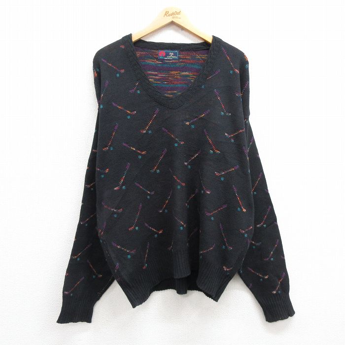 【商品番号】 swtr24121688 【商品名】 XL & starf;古着 長袖 セーター メンズ 90年代 90s ゴルフ コットン Vネック USA製 黒 【メンズ参考サイズ】 XL 