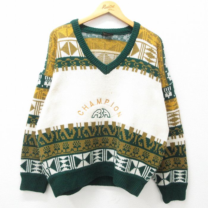 【商品番号】 swtr25010167 【商品名】 XL & starf;古着 長袖 セーター メンズ 00年代 00s CHAMPION 刺繍 Vネック 緑他 【メンズ参考サイズ】 XL 【
