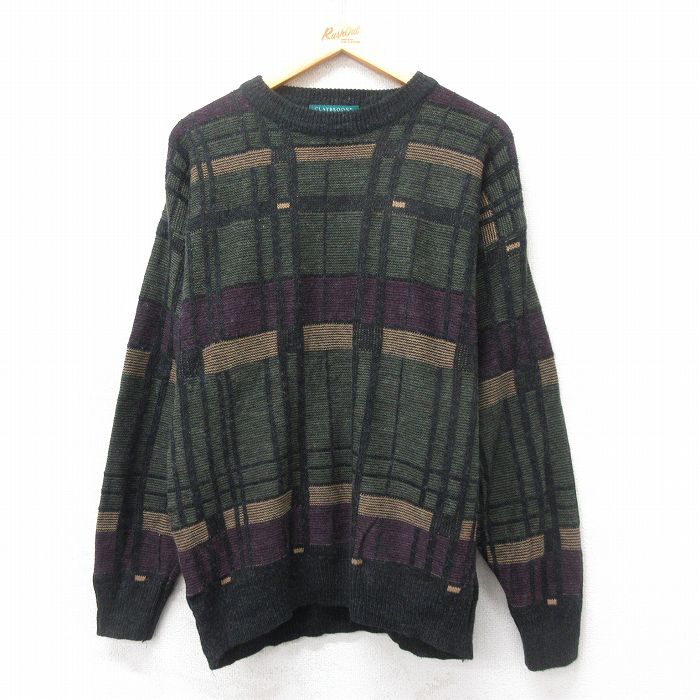 【商品番号】 swtr25011012 【商品名】 L & starf;古着 長袖 セーター メンズ 00年代 00s クルーネック 緑他 チェック 【メンズ参考サイズ】 L 【表記サイズ】 