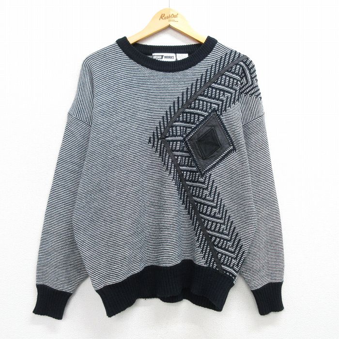 【商品番号】 swtr25012574 【商品名】 L & starf;古着 長袖 セーター メンズ 00年代 00s レザー使用 アクリル クルーネック 黒他 【メンズ参考サイズ】 L 【表