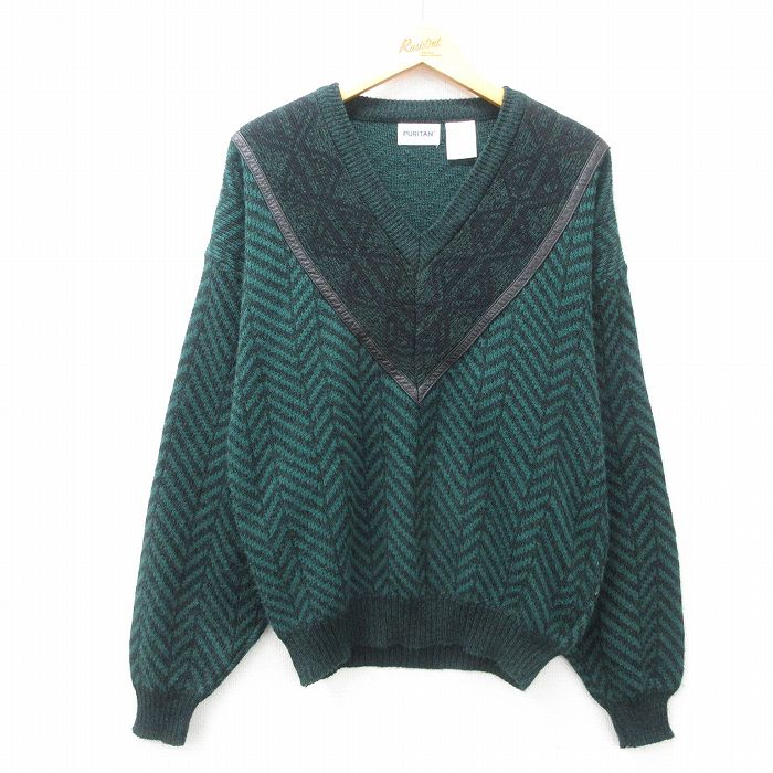 【商品番号】 swtr25022236 【商品名】 L & starf;古着 ピューリタン 長袖 セーター メンズ 00年代 00s アクリル Vネック 緑他 【メンズ参考サイズ】 L 【表記