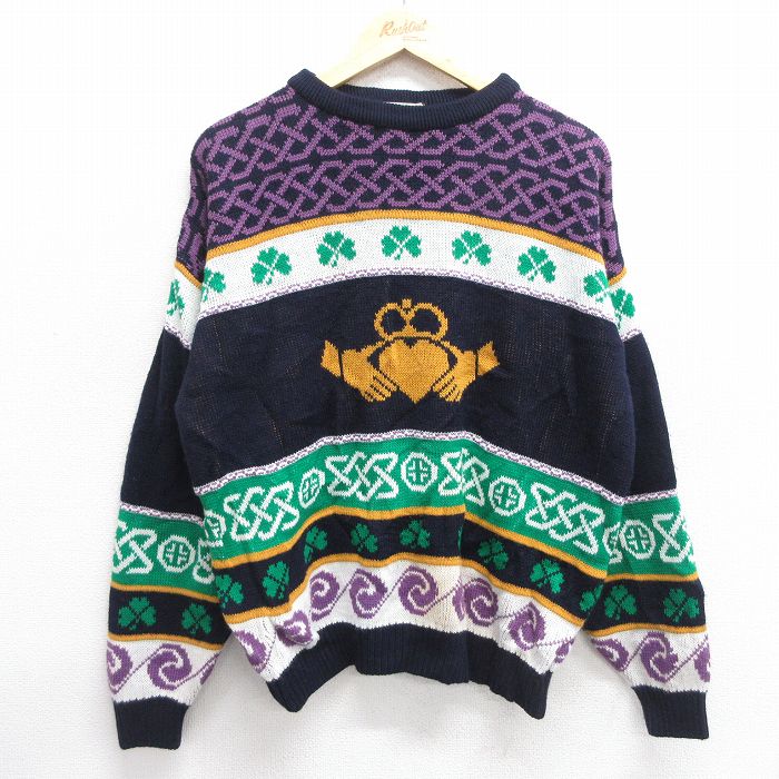 【商品番号】 swtr25030729 【商品名】 XL & starf;古着 ブラーニー 長袖 セーター メンズ 80年代 80s ハート クローバー アクリル クルーネック アイルランド製