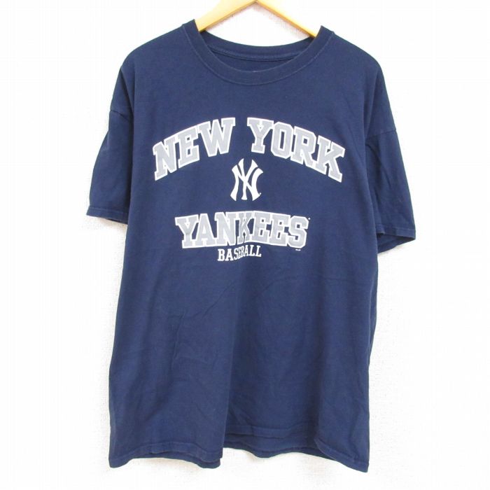 古着 半袖 Tシャツ メンズ MLB ニューヨークヤンキース 大きいサイズ クルーネック 紺 ネイビー メジャーリーグ ベースボール 中古 古着