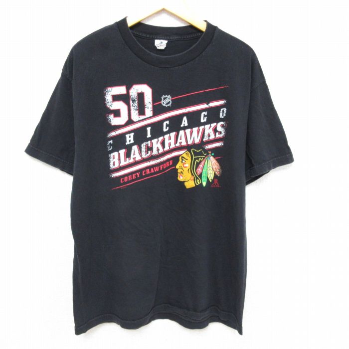 古着 半袖 Tシャツ メンズ NHL シカゴブラックホークス コットン クルーネック 黒 ブラック アイスホッケー Lサイズ 中古 中古 古着