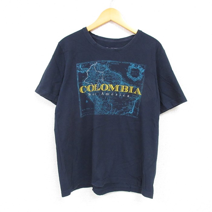 古着 半袖 Tシャツ メンズ コロンビア COLUMBIA 地図 コットン クルーネック 紺 ネイビー Lサイズ 中古 中古 古着