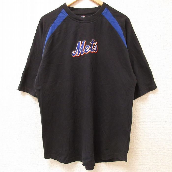 古着 半袖 Tシャツ メンズ MLB ニューヨークメッツ 刺繍 ツートンカラー コットン クルーネック 黒他 ブラック メジャーリーグ 中古 古着