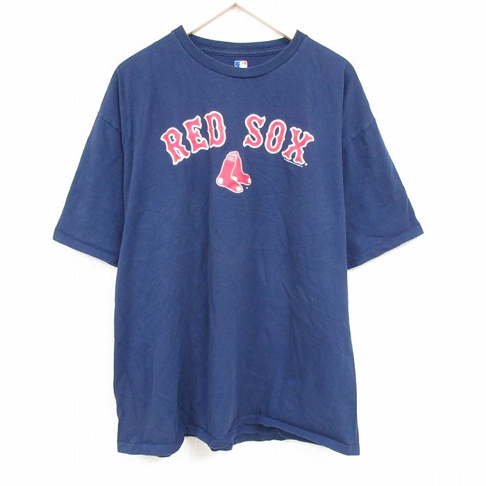 古着 半袖 Tシャツ メンズ MLB ボストンレッドソックス 大きいサイズ コットン クルーネック 紺 ネイビー メジャーリーグ ベー 中古 古着