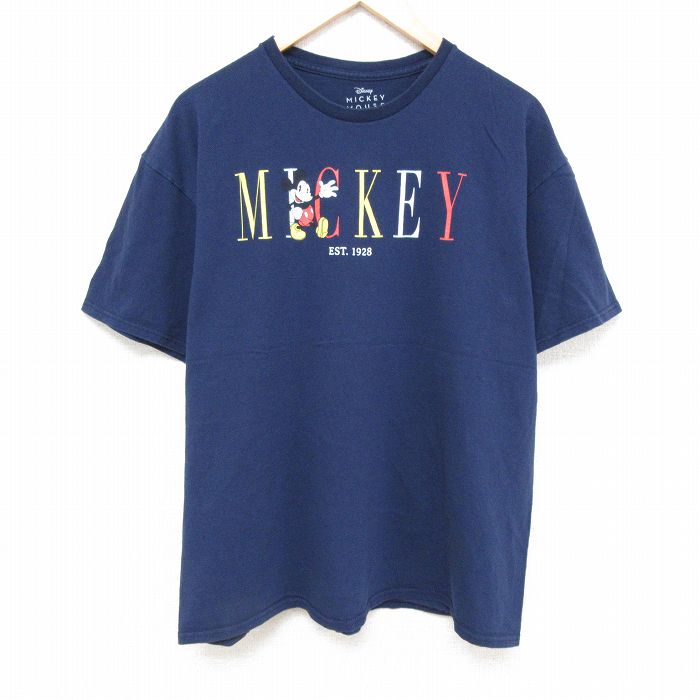 【商品番号】 ts54020895 【商品名】 XL & starf;古着 半袖 Tシャツ メンズ ディズニー DISNEY ミッキー MICKEY MOUSE コットン クルーネック 紺 【