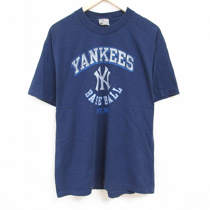 古着 半袖 Tシャツ メンズ MLB ニューヨークヤンキース コットン クルーネック 紺 ネイビー メジャーリーグ ベースボール 野球 中古 古着