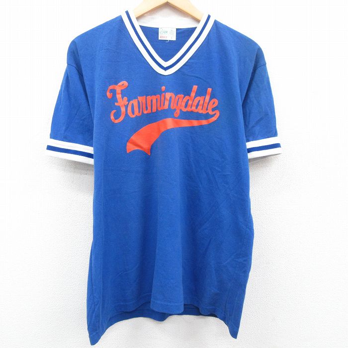 古着 半袖 ビンテージ Tシャツ メンズ 80年代 80s Farmingdale Vネック USA製 青他 ブルー Lサイズ 中古 中古 古着