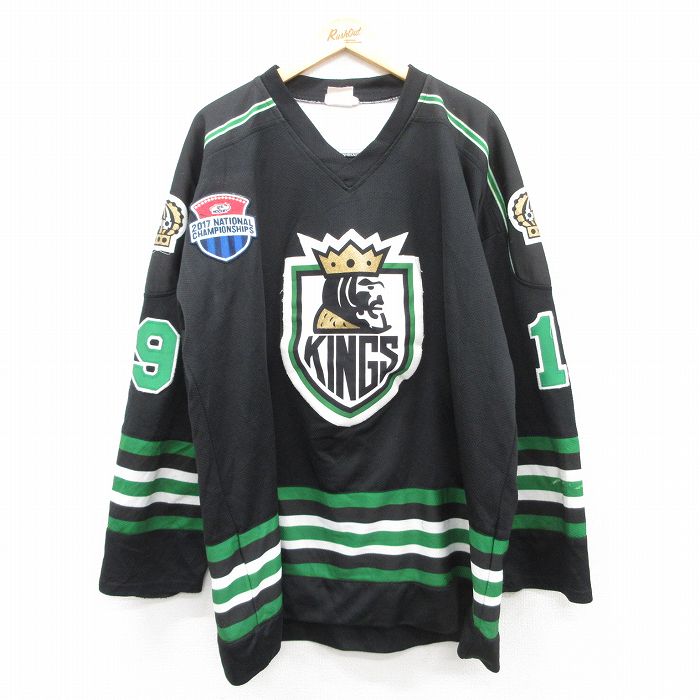【商品番号】 tsb25040527 【商品名】 XL & starf;古着 長袖 Tシャツ アイスホッケー ジャージ メンズ KINGS 19 大きいサイズ ロング丈 Vネック 黒他 ユニフ