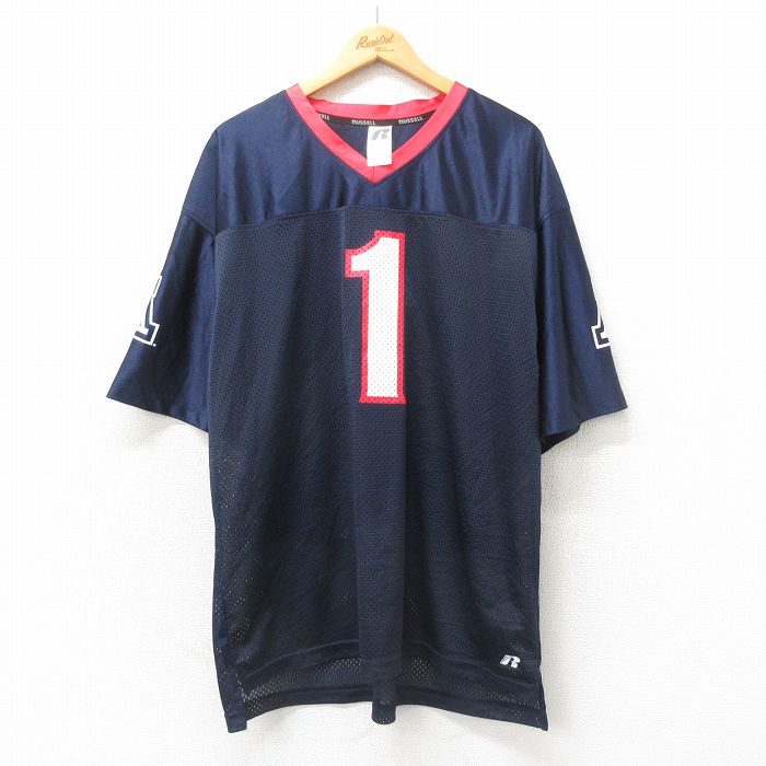 【商品番号】 tsb25044388 【商品名】 XL & starf;古着 ラッセル 半袖 フットボール Tシャツ メンズ 1 大きいサイズ メッシュ地 Vネック 紺 ユニフォーム ゲームシ