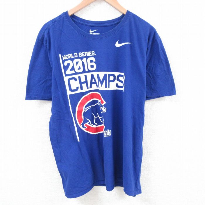 古着 ナイキ NIKE 半袖 ブランド Tシャツ メンズ MLB シカゴカブス 大きいサイズ クルーネック 青 ブルー メジャーリーグ ベー 中古 古着