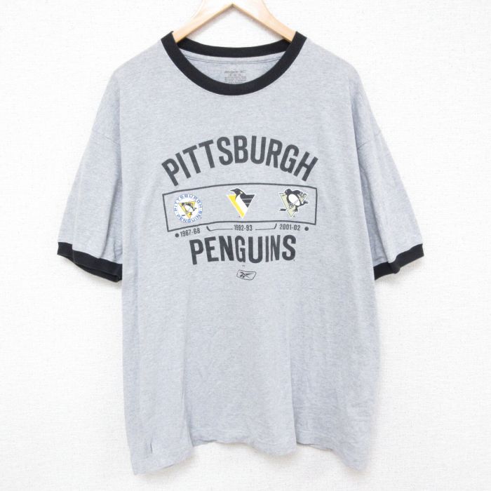 古着 リーボック REEBOK 半袖 ブランド Tシャツ メンズ NHL ピッツバーグペンギンズ 大きいサイズ クルーネック グレー リンガ 中古 古着