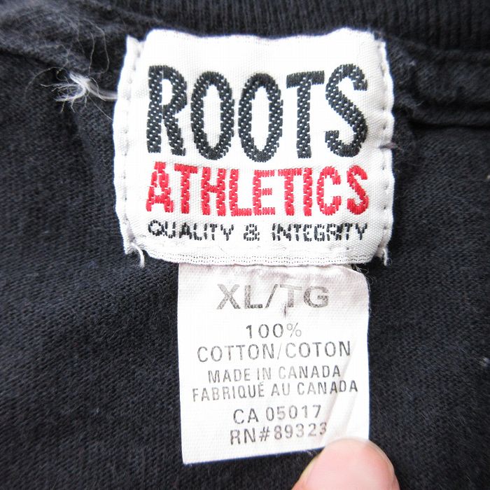 古着通販 Xl 古着 半袖 ビンテージ Tシャツ メンズ 90年代 90s カナダ Roots 刺繍 コットン クルーネック カナダ製 黒