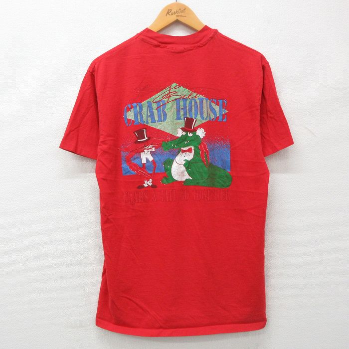 古着 ヘインズ Hanes 半袖 ビンテージ Tシャツ メンズ 90年代 90s CRABHOUSE ワニ カニ コットン クルーネック USA製 赤 レッ 中古 古着