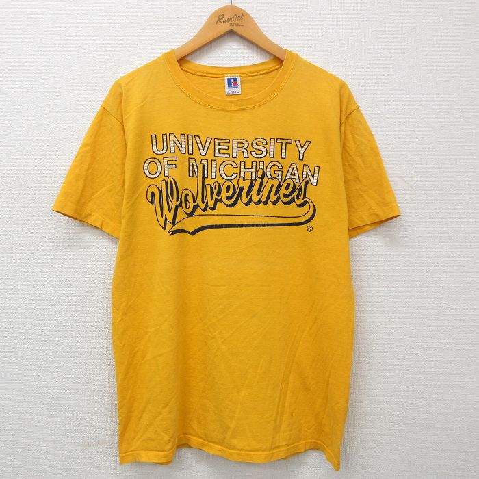 古着 ラッセル 半袖 ビンテージ Tシャツ メンズ 80年代 80s ミシガンウルヴァリンズ コットン クルーネック USA製 黄 イエロー 中古 古着