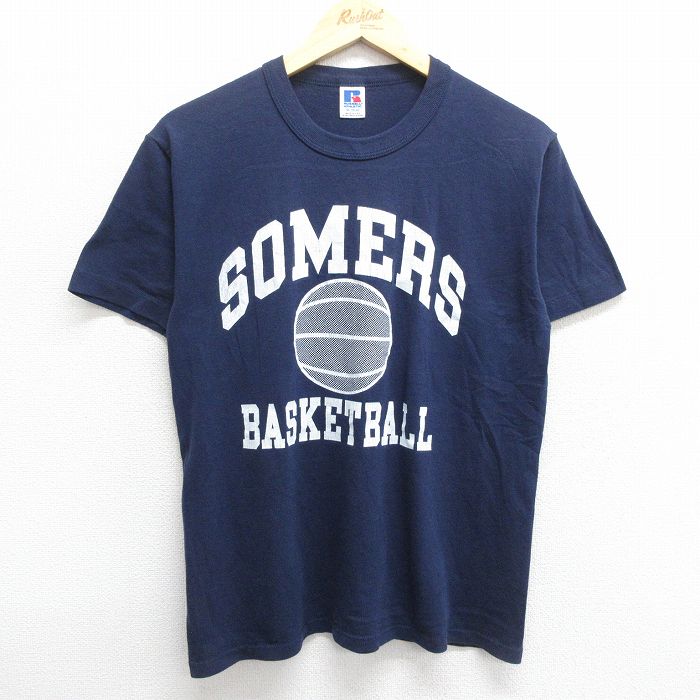 古着 ラッセル 半袖 ビンテージ Tシャツ メンズ 80年代 80s SOMERS バスケットボール クルーネック USA製 紺 ネイビー Mサイズ 中古 古着