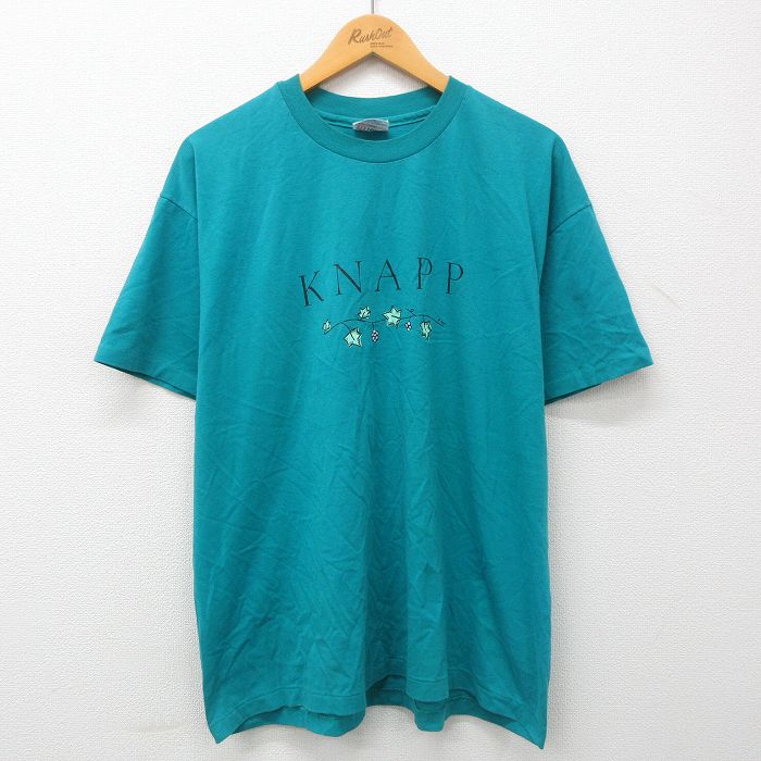 古着 ヘインズ Hanes 半袖 ビンテージ Tシャツ メンズ 90年代 90s KNAPP 葉 クルーネック USA製 青緑 XLサイズ 中古 中古 古着