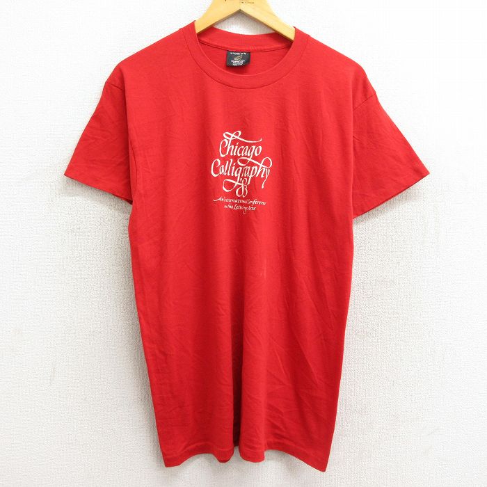 古着 半袖 ビンテージ Tシャツ メンズ 80年代 80s シカゴ Callingraphy クルーネック USA製 赤 レッド Lサイズ 中古 中古 古着