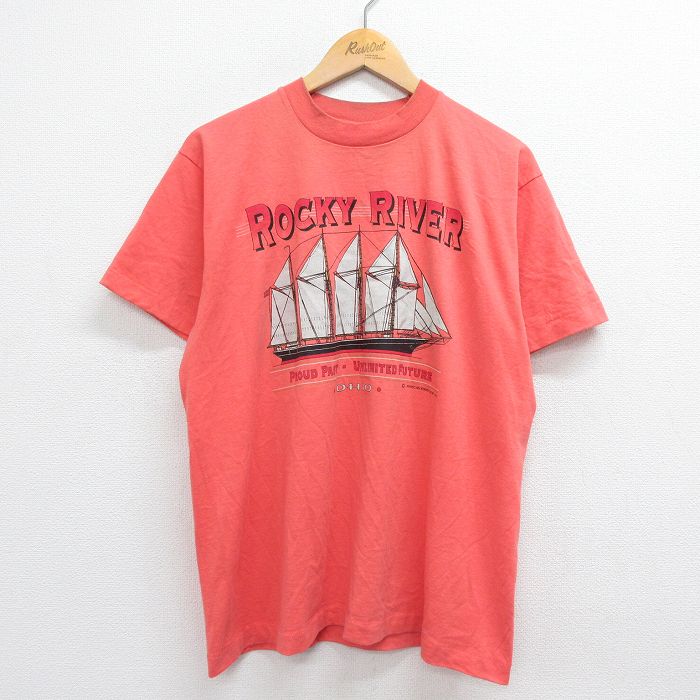 古着 半袖 ビンテージ Tシャツ メンズ 90年代 90s ロッキーリバー 船 オハイオ クルーネック USA製 ピンク系 Lサイズ 中古 中古 古着
