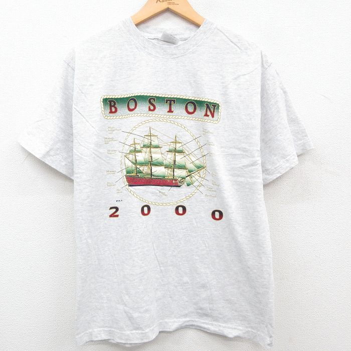 古着 半袖 ビンテージ Tシャツ メンズ 00年代 00s ボストン 船 コットン クルーネック 薄グレー 霜降り Lサイズ 中古 中古 古着