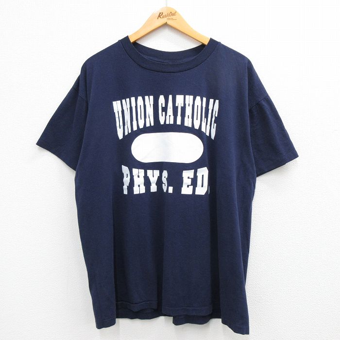 古着 半袖 ビンテージ Tシャツ メンズ 90年代 90s UNION CATHOLIC クルーネック USA製 紺 ネイビー XLサイズ 中古 中古 古着