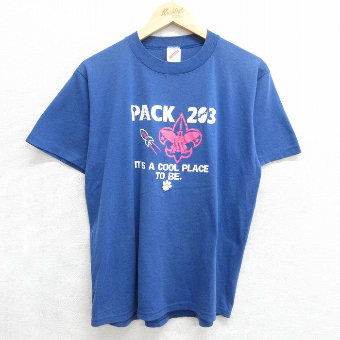 古着 半袖 ビンテージ Tシャツ メンズ 80年代 80s PACK 203 ロケット 足跡 クルーネック USA製 青 ブルー Lサイズ 中古 中古 古着