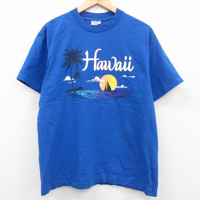 古着 半袖 ビンテージ Tシャツ メンズ 90年代 90s ハワイ ヤシの木 コットン クルーネック USA製 青 ブルー XLサイズ 中古 中古 古着