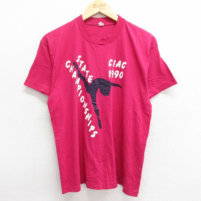 古着 半袖 ビンテージ Tシャツ メンズ 90年代 90s C/AC チャンピオンシップ 地図 クルーネック USA製 濃ピンク Lサイズ 中古 中古 古着