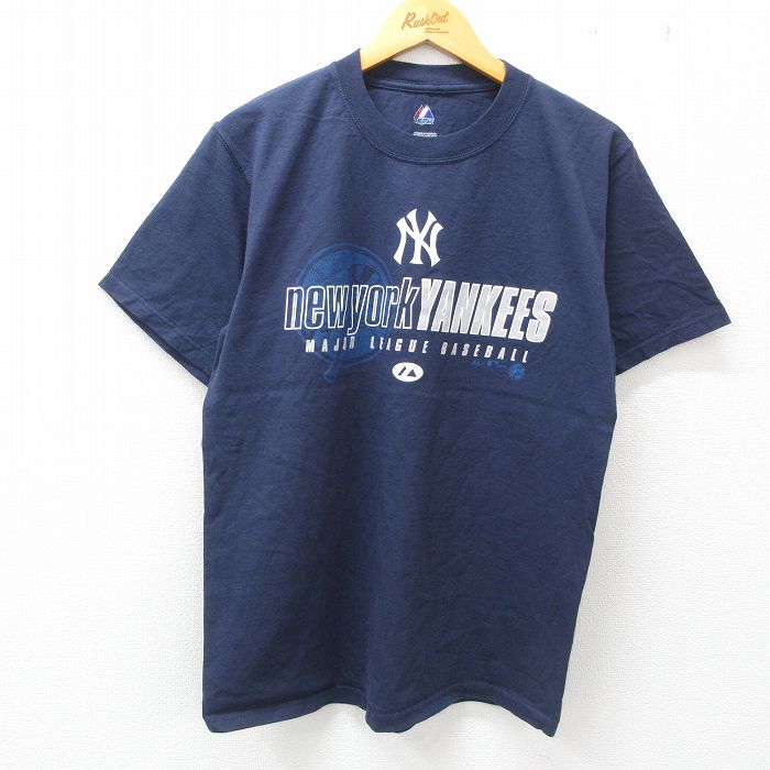 古着 マジェスティック 半袖 ビンテージ Tシャツ メンズ 00年代 00s MLB ニューヨークヤンキース コットン クルーネック 紺 ネ 中古 古着