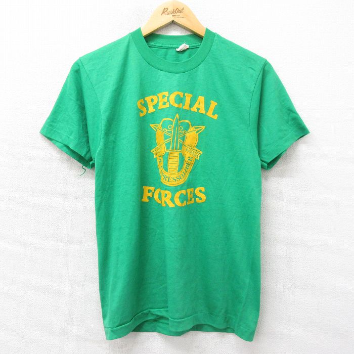 古着 半袖 ビンテージ Tシャツ メンズ 80年代 80s SPECIAL FORCES クルーネック USA製 緑 グリーン Sサイズ 中古 中古 古着
