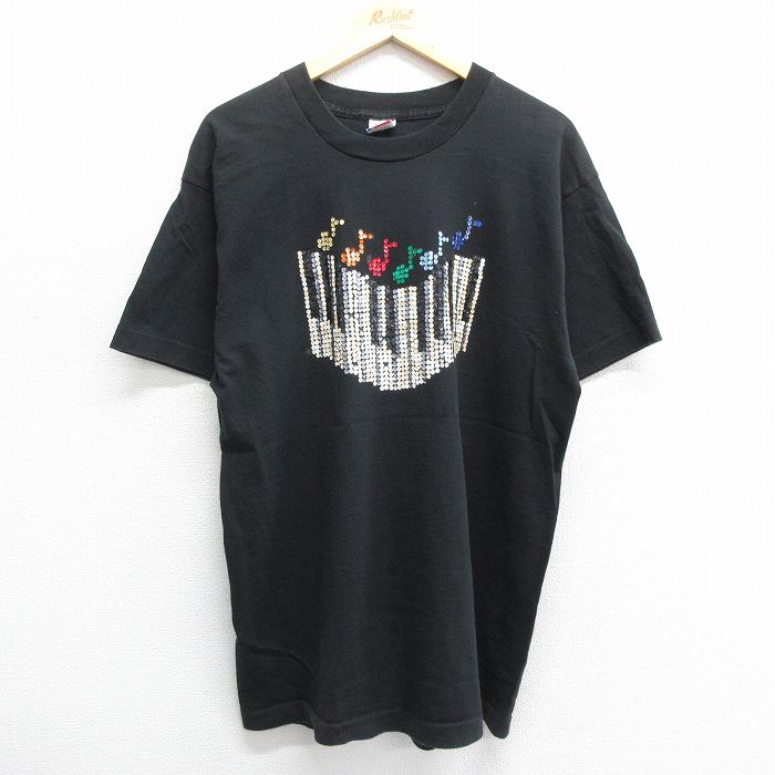 古着 半袖 ビンテージ Tシャツ メンズ 90年代 90s 鍵盤 音符 スパンコール コットン クルーネック USA製 黒 ブラック XLサイズ 中古 古着