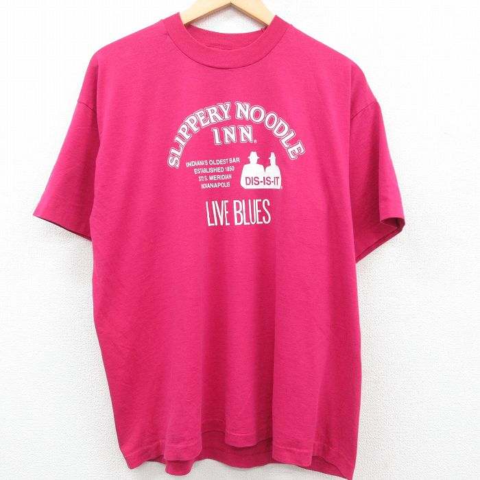 古着 半袖 ビンテージ Tシャツ メンズ 90年代 90s SLIPPERY NOODLE クルーネック USA製 濃ピンク XLサイズ 中古 中古 古着