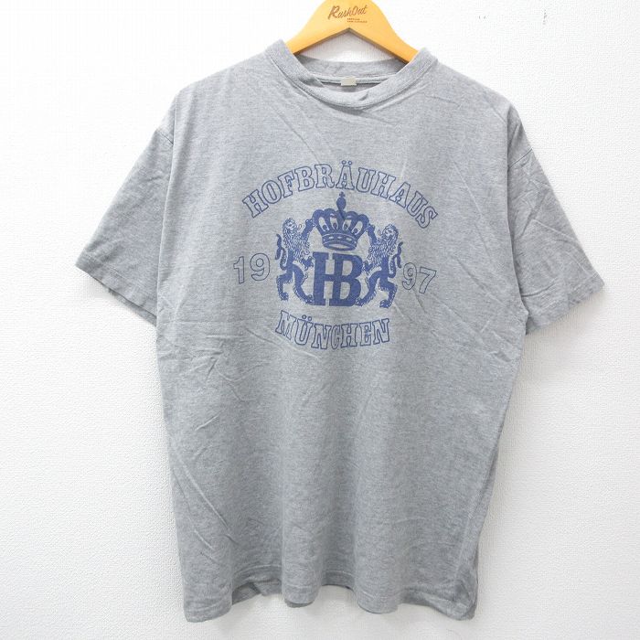 古着 半袖 ビンテージ Tシャツ メンズ 90年代 90s ホフブロイハウス 王冠 クルーネック グレー 霜降り XLサイズ 中古 中古 古着