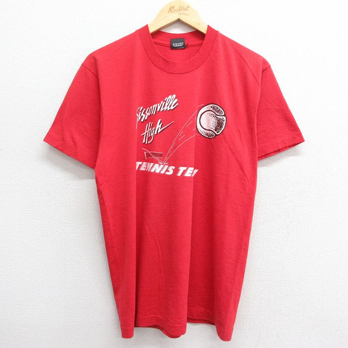 古着 半袖 ビンテージ Tシャツ メンズ 80年代 80s シャソンヴィル高校 テニスチーム クルーネック USA製 赤 レッド Lサイズ 中 中古 古着