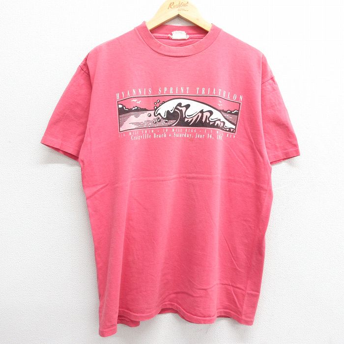 【商品番号】 tsv23052196 【商品名】 XL & starf;古着 半袖 ビンテージ Tシャツ メンズ 90年代 90s トライアスロン 企業広告 クルーネック 赤系 【メンズ参考サ