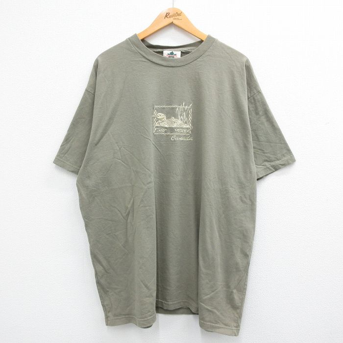古着 半袖 ビンテージ Tシャツ メンズ 00年代 00s 鳥 刺繍 大きいサイズ コットン クルーネック 緑系 グリーン XLサイズ 中古 中古 古着